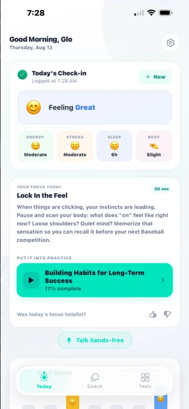 Pantalla Hoy de MindEdge con actividades de la aplicación para iPhone en inglés